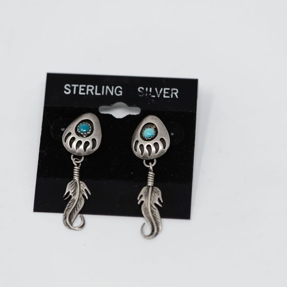Sterling Silver Turquoise Bear Claw Feather dangle Earrings